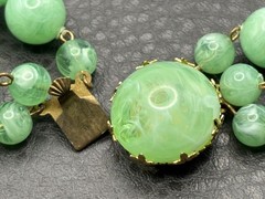 West Germany Double Strand Green Bead Necklace Gold Tone Marbled Box Clasp