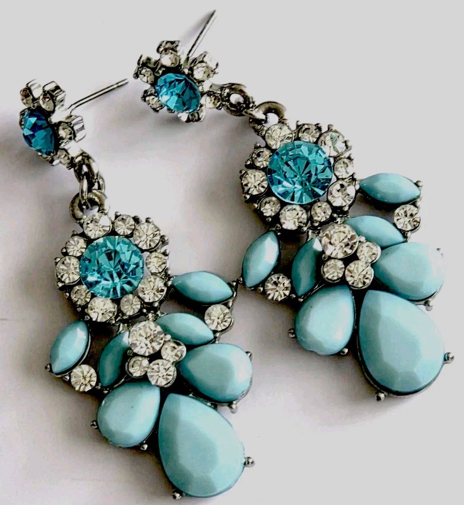 Vintage Ice Blue Sparkling Earrings Rhinestones- No Stones Missings-Drop 2.25 In