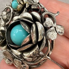 Vintage Brooch Silver Tone Flowers and Leaves Blue Stones 2 Inches