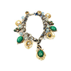 Vintage Gold Tone FOB Charm Bracelet Green Stones Shell Floral Ornate Design