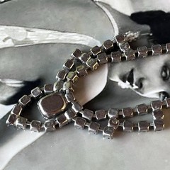 Vtg Sky Blue Rhinestone Necklace – Silver Tone – 14” – Foldover Clasp – c1950s