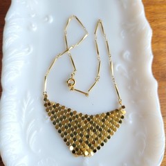 Vintage Gold Mesh Bib Necklace w Dainty Chain 1970s Disco Style