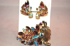 DAZZLING Peacock Blue Amethyst Rhinestone Iridescent Brooch/Earrings #81