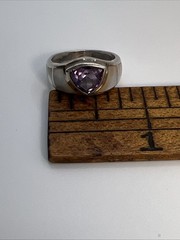 Vintage Sterling Silver 925 Trillion Cut Amethyst Mother Of Pearl Inlay Ring