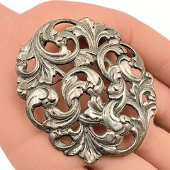 Antique Victorian Revival Pot Metal Acanthus Scrolls Repousse Brooch