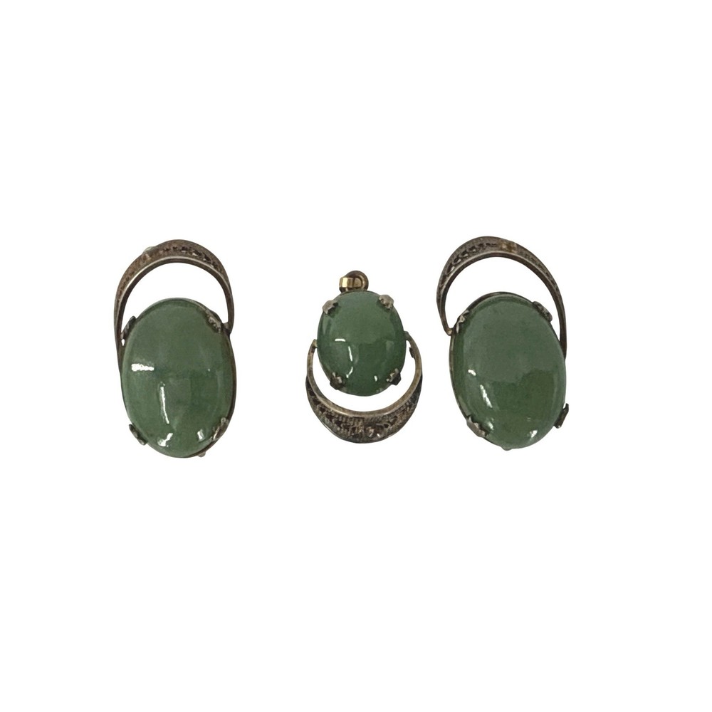 Sorrento Sterling Silver Green Cabuchon Filigree Earrings Pendant Set Vintage
