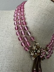 Early Miriam Haskell 3 Strand Pink Glass Filigree Wired Beads Festoon Necklace