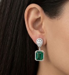 4CT Emerald Cut Real Green Emerald Drop Two-Stone Earring 14K Two-Tone Gold Over