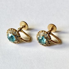Halo Aquamarine Blue Rhinestone Vintage Gold Tone Vargas Screw Back Earrings