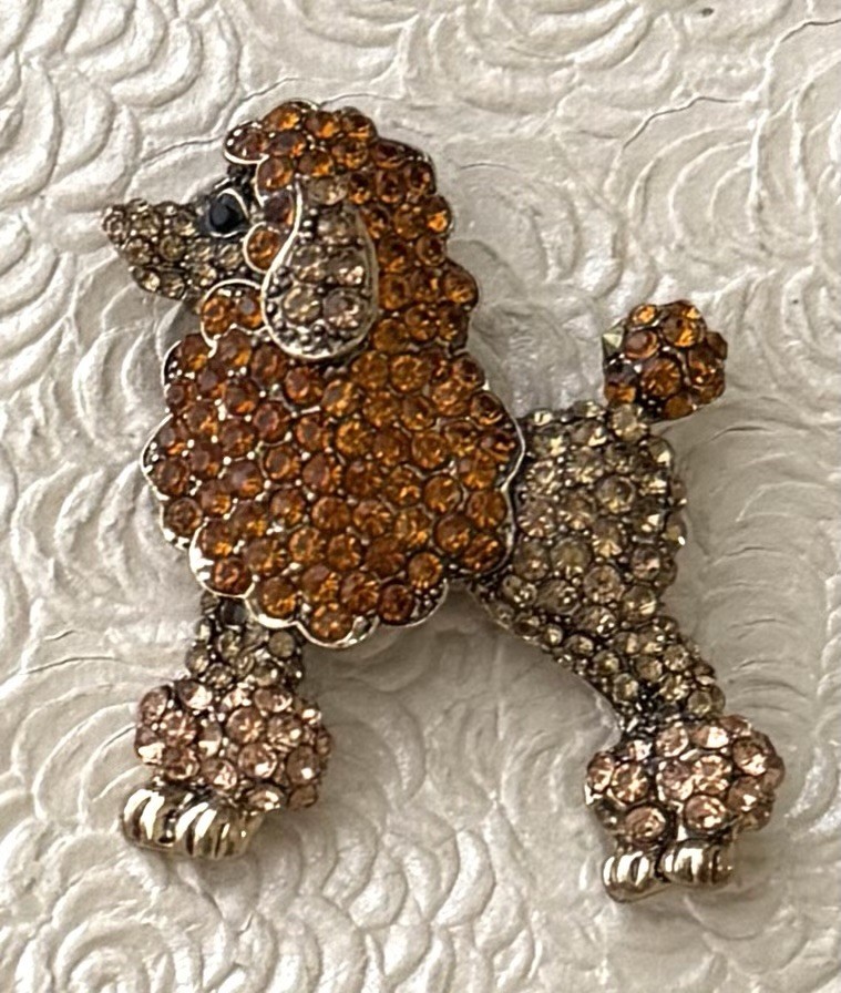 Poodle w/ crystals silver tone metal vintage style brooch / pendant