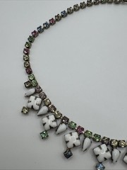 White Milk Glass Rhinestone Pastel Pink Green Blue Yellow Necklace