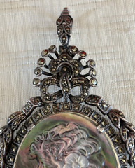 Antique German Art Deco 925 Sterling Silver Marcasite Cameo Brooch Pendant 33.2g
