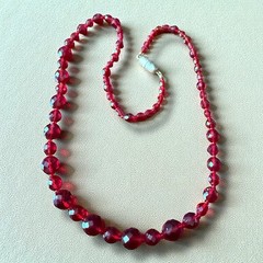 Czech Glass Bead Necklace Red Vintage Faceted Graduated Statement Long 24 Inch