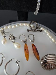 925 jewelry lot w/ fresh pearls Baltic amber and crystals signed