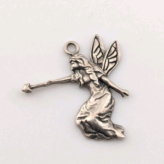 Vintage Sterling Silver Fairy Pendant Charm Wings Star Wand Outstretched Signed