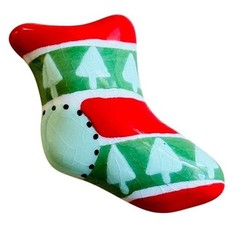 VTG Flying Colors Christmas Tree Sock stocking Pin Brooch Ceramic signed Holiday