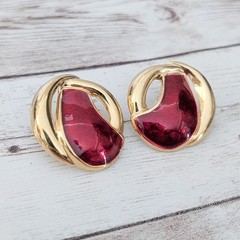 Vintage Stud Earrings Unusual Red & Gold Tone Statement