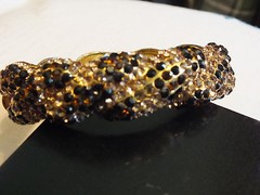 Collectible Clamp Clasp Bracelet Gold Tone Black Amber Rhinestones 7/8 Inch Wide
