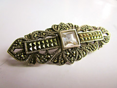 Vintage Argentium 935 Solid Silver MARCASITE RHINESTONE Bar Pin 2″LX7/8″W