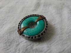 vintage antique faux Jade glass ring gray crystals silver gold setting brooch