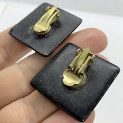 VTG 80s RESIN PINK FLOWER BLACK BIG SQUARE EARRINGS CLIP-ON STATEMENT