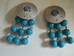 Vintage Boho Silver Tone Textured Disc Faux Turquoise Dangle Earrings