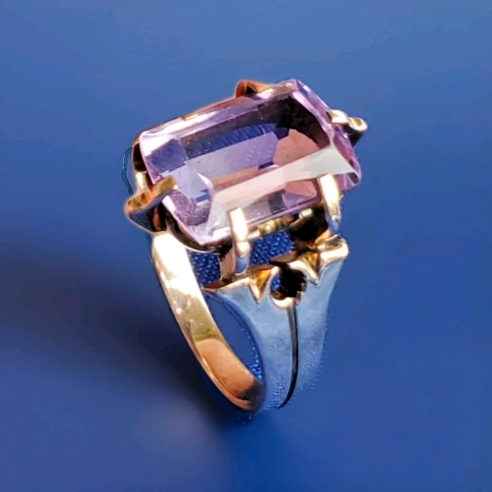 Original VINTAGE Amethyst Solid 14K ROSE GOLD DECO Engagement Ring Solitaire 7