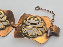 Unsigned Renoir Chunky Copper Brass Filigree Scroll Panel Bracelet Clip Earrings
