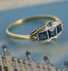 Art Deco Vintage Style Sapphire Created Diamond 14K Gold Finish Engagement Ring