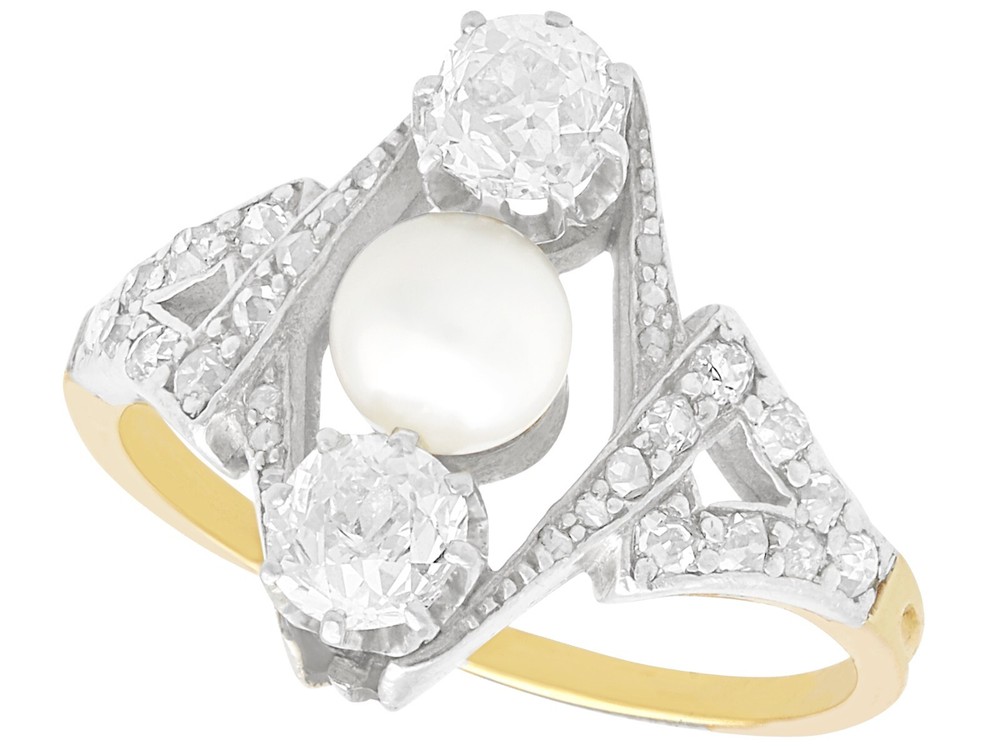 Antique 1.15 Ct Diamond Pearl 18k Yellow Gold Cocktail Ring