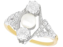 Antique 1.15 Ct Diamond Pearl 18k Yellow Gold Cocktail Ring
