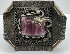 Victorian / Art Nouveau Dragon Sash Buckle, Huge Amethyst Glass Stone