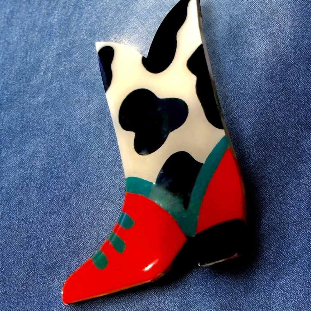 Cowboy Boot Brooch Figural Western Style Enamel Resin Pin Vintage Novelty