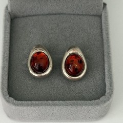 Vintage 925 Sterling Silver Natural Baltic Amber Cabochon Pear Post Earrings