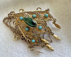 Israel 935 Sterling Gold Eilat King Solomon Filigree Brooch Pendant Necklace 18″
