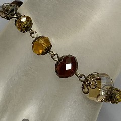 Glass Bead Bracelet Antique Gold Tone Yellow Red Faceted Surface Coated 7.25