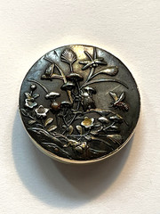 Antique 19th C Japanese Shakudo Inlay Brooch Pin With 18K Yellow Gold Frame