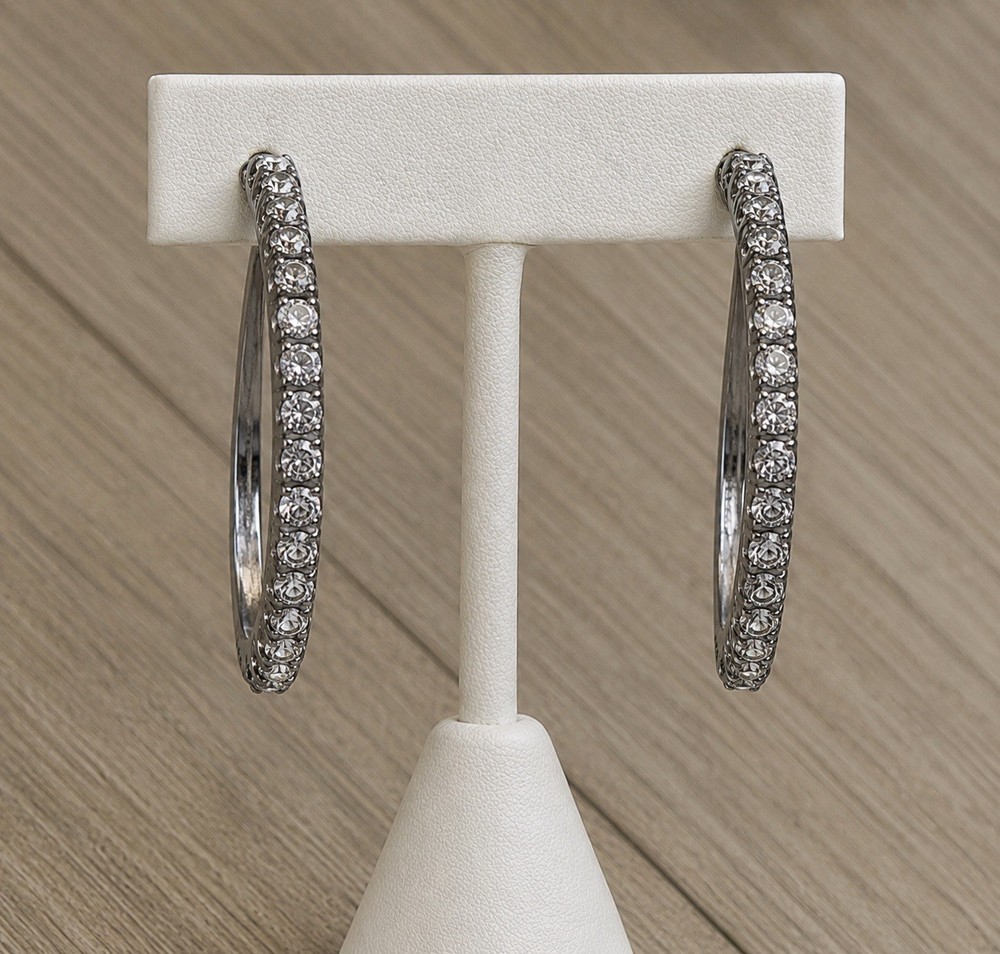 Vintage Silver Tone Rhinestone HOOP Pierced Earrings 1 3/4”