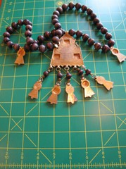 KENNETH LANE Necklace~Vintage GT BIG MAYAN pendant + Wooden Beads~Signed~FREE H