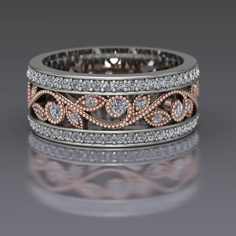 1.07 Ct Round Cut Floral Moissanite Leaf and Vine Wedding Eternity Band Ring