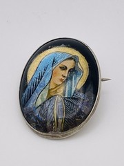 Antique Beautiful Virgin Mary Raised Butterfly Wing Pin Engraved BVM Rare Find
