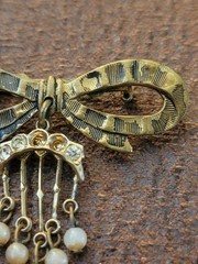 Vintage Bow Pin With Dangling Beads, 1.5 Inches, Brass?
