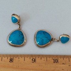 Vtg Mexican Modernist 950 Fine Silver 925 Turquoise Dangle Earrings signed 110