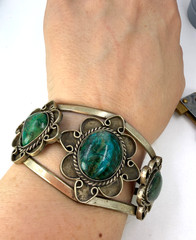 Vintage Bracelet Cuff Southwest Mexican Green Blue Cabochon Womens 6- 6.5 inches