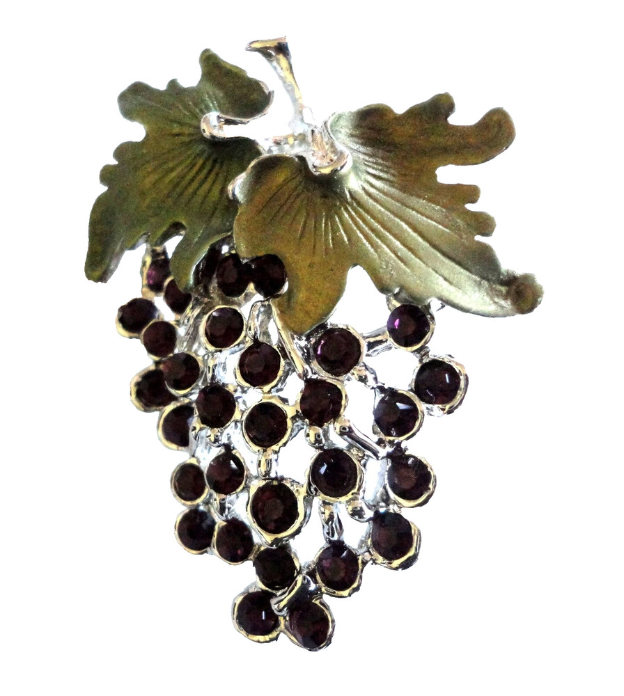 Brooch Silver Plated Metal Purple Crystal Grapes Pin Fruit Mothers Day Gift