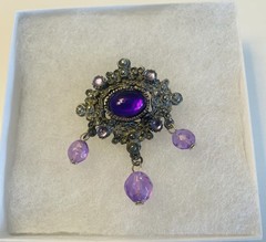 Faux Amethyst Cabochon Brooch with Hanging Amethyst Crystals Vintage