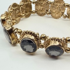 VTG Antique Gold Tone Smoky Gray Crystal Oval Panel Link Stretch Bracelet Boho