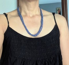 Natural Nepal Glass Seed Bead Multi Strand Necklace. Iridescent Peacock Blue 22″