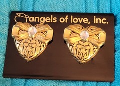 VTG-1995 “Angels of Love” Gold Tone Floral Heart & Rhinestone Earrings By Jane
