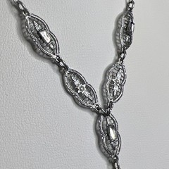 Antique Art Deco Rhodium Plated Filigree French Paste Flower Enamel Necklace